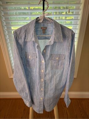 Chico's Light Blue and White Vertical Stripe Button-Down Shirt